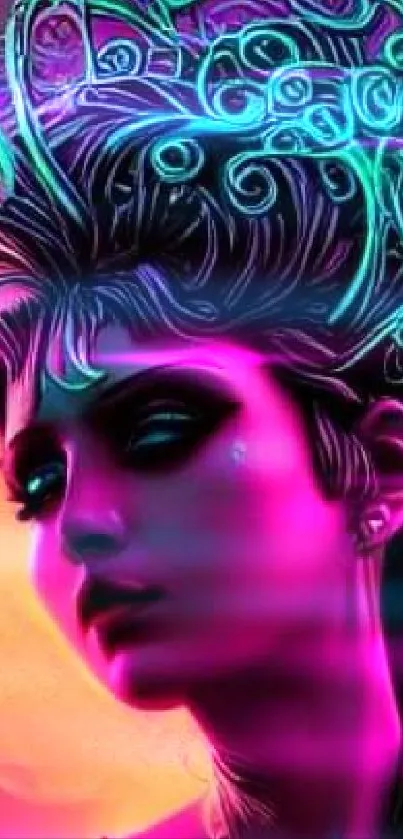 Vibrant neon fantasy portrait wallpaper for mobile screen.