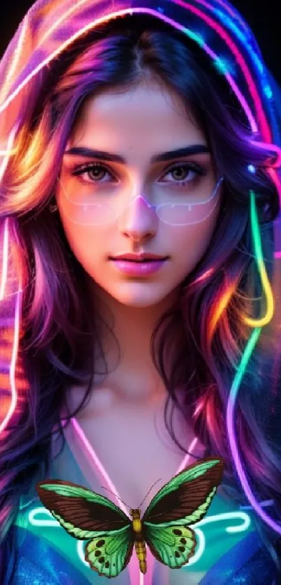 Vibrant neon portrait of woman with butterfly.
