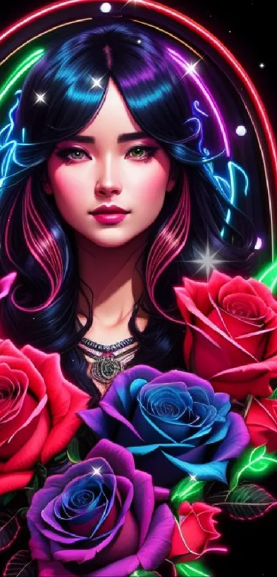 Neon fantasy portrait of a woman with vibrant roses.