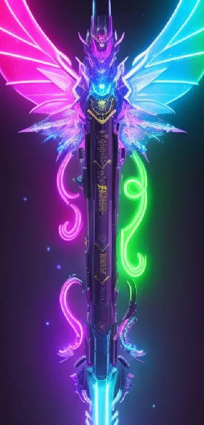 Vibrant neon fantasy sword wallpaper with colorful wings.