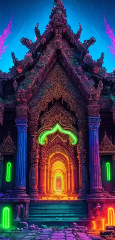 Neon fantasy temple artwork with vibrant colors and intricate design.