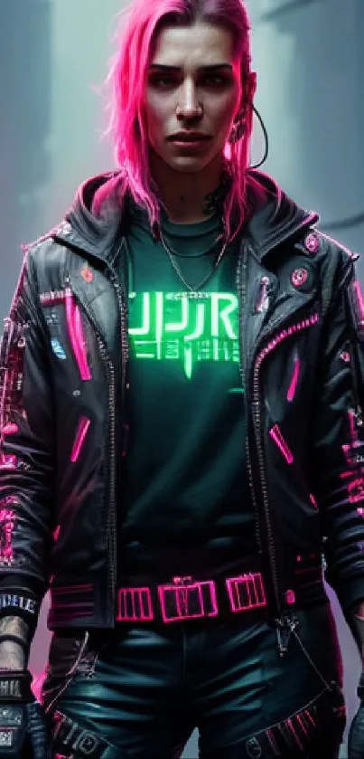 Person in neon pink cyberpunk attire in a futuristic city setting.