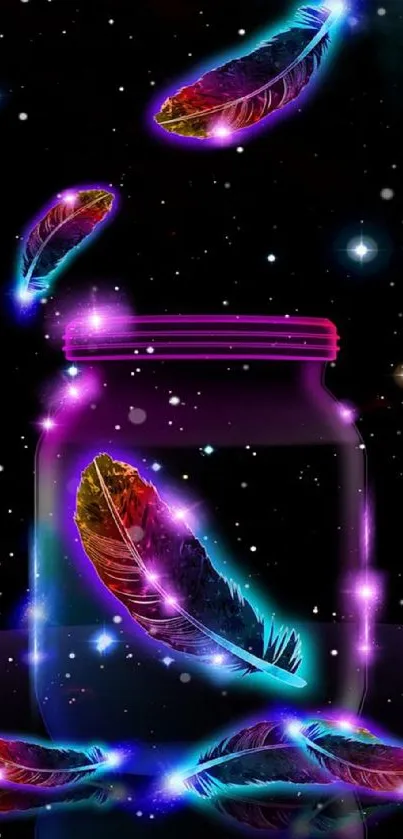 Neon feathers in a jar with cosmic background.