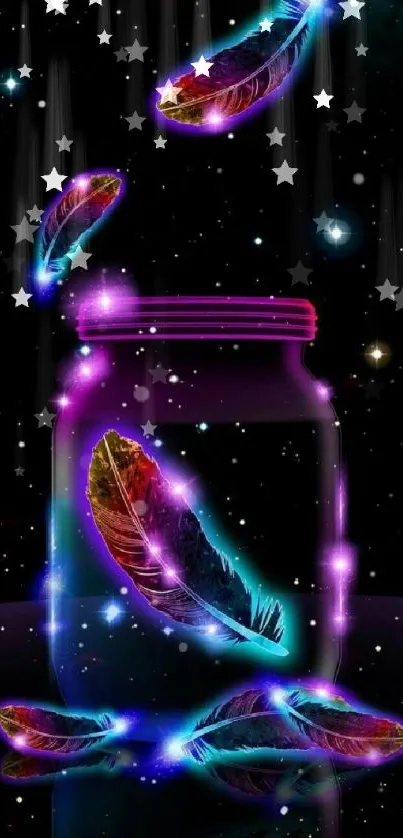 Neon galaxy wallpaper with colorful feathers and cosmic stars.