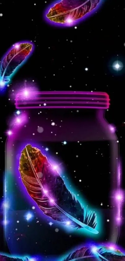 Vibrant neon feathers floating in a starry galaxy with a glowing jar.