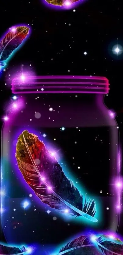 Neon feathers in a jar with cosmic background.