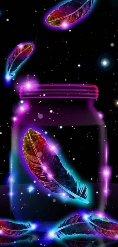 Glowing neon feathers in a jar against a cosmic night sky.