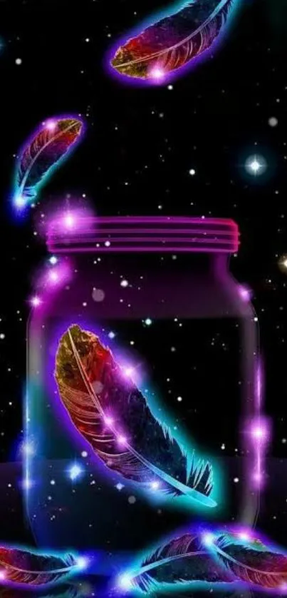 Neon feathers glowing in a jar against a starry black background.