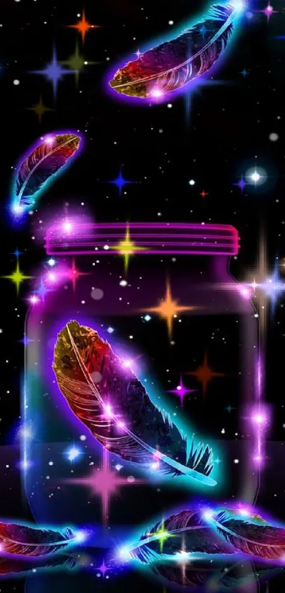 Neon feathers in a cosmic jar wallpaper.