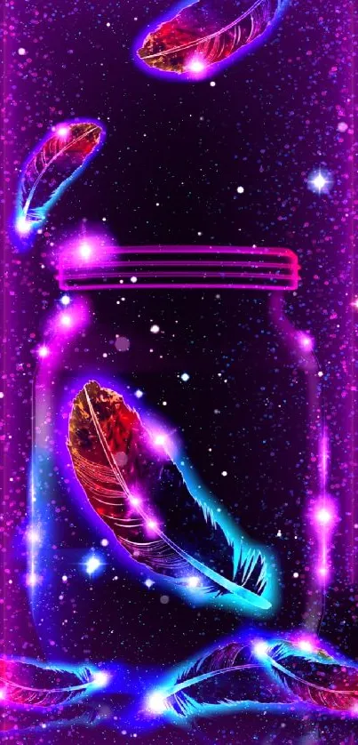 Neon feathers floating inside a cosmic jar against a starry backdrop.