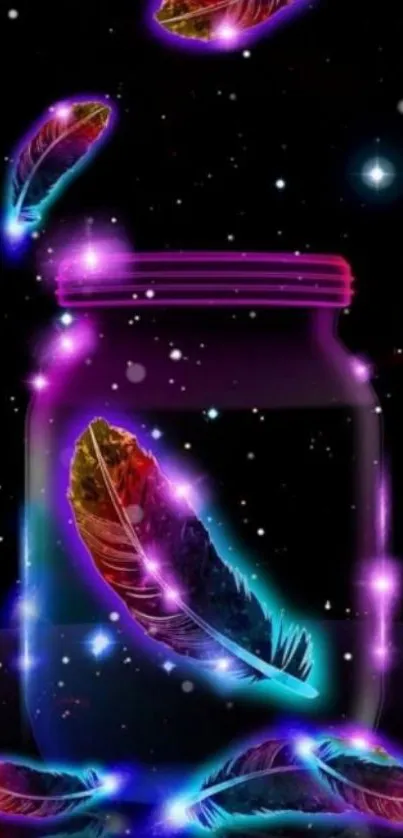 Colorful neon feathers floating around a cosmic jar in the night sky.