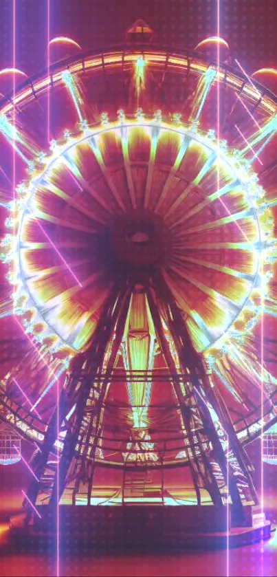 Neon Ferris wheel glowing in vibrant colors.