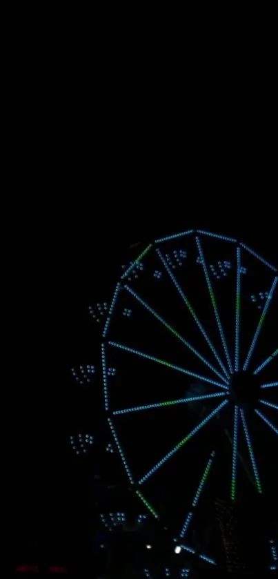 Neon-lit Ferris wheel glowing in the night.