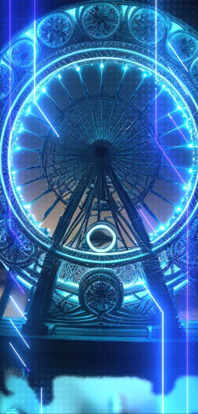 Neon-lit Ferris wheel glowing at night.