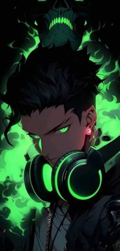 Anime character with neon green flames and headphones in a dark theme setting.