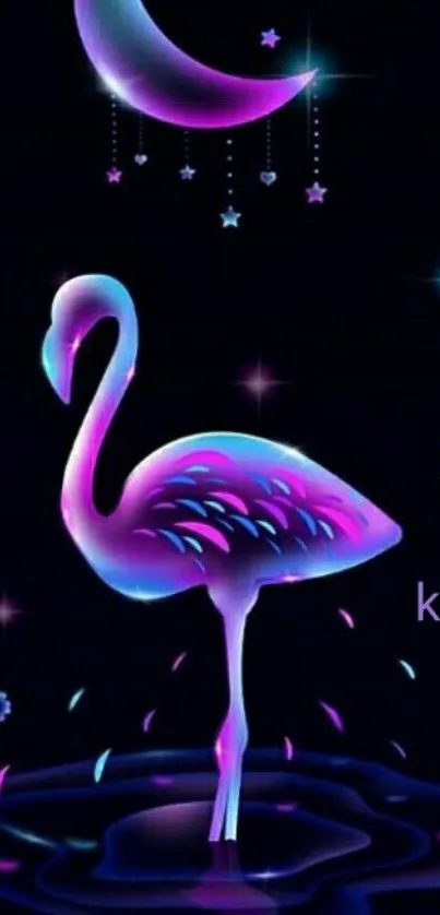 Neon pink and purple flamingo under a starlit moon in a fantasy night scene.