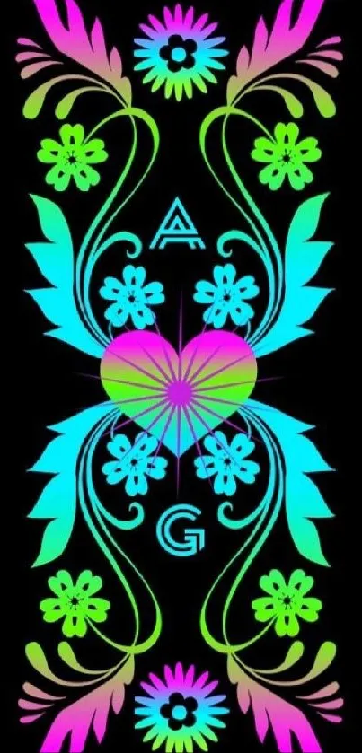 Vibrant neon floral design on a black background.