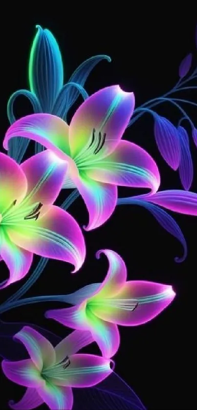 Neon lilies against a black background.