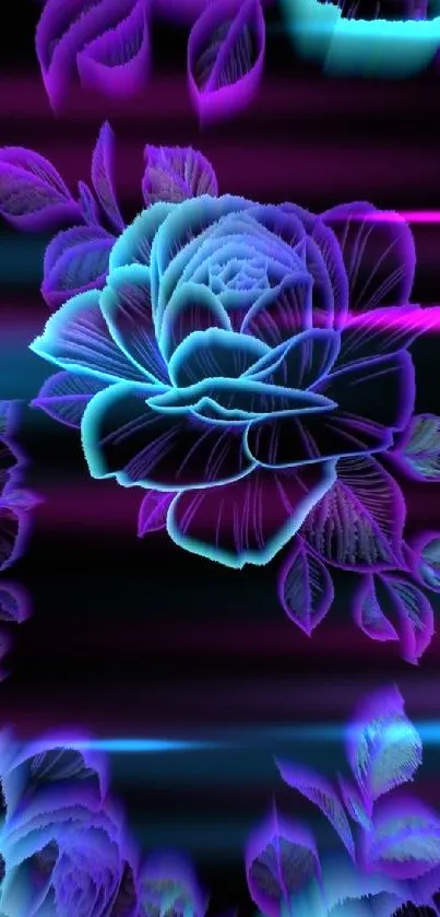 Neon floral wallpaper with glowing blue and purple flowers on a black background.