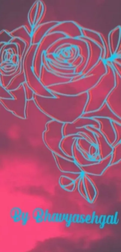 Neon blue floral art on a vibrant pink background for mobile wallpaper.