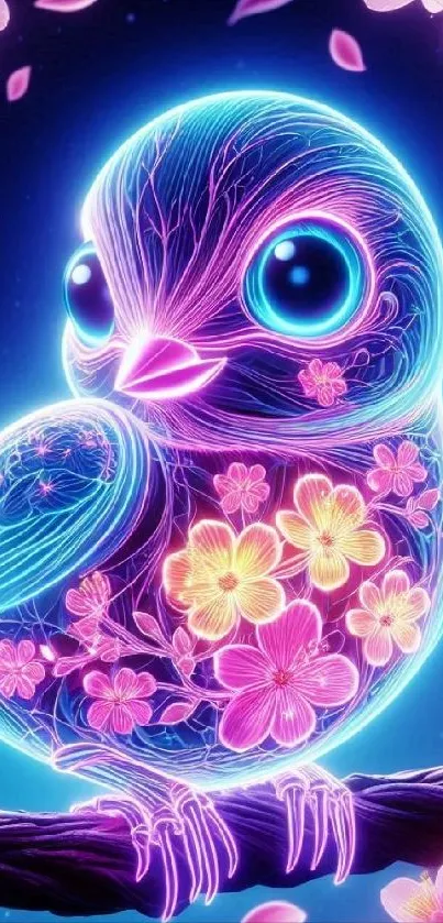 Neon bird with glowing blossoms on branch