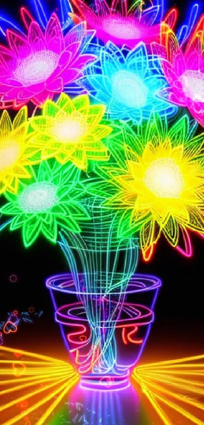 Vibrant neon flowers in a vase, glowing on a mobile wallpaper.