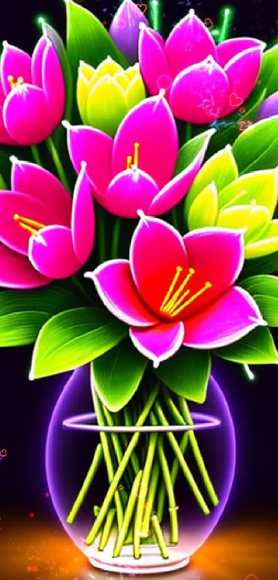 Neon floral bouquet with glowing pink flowers and green leaves in a vibrant vase.