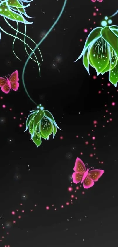 Neon floral and butterfly wallpaper design.