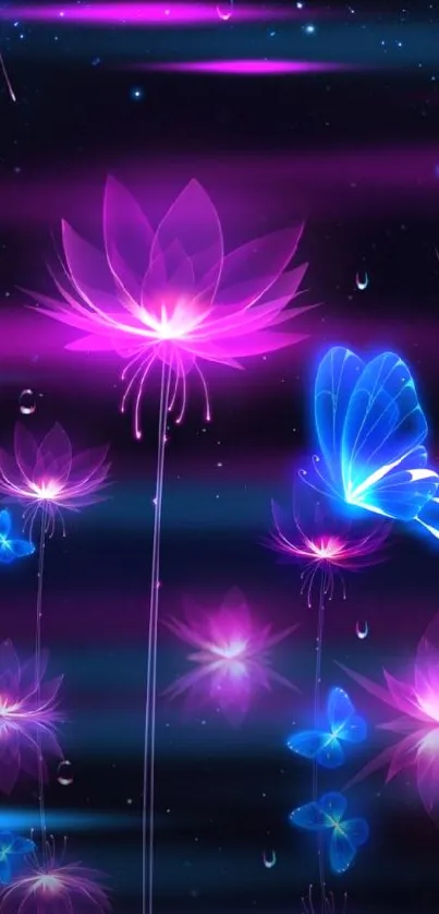 Neon pink flowers with blue butterfly on dark background.