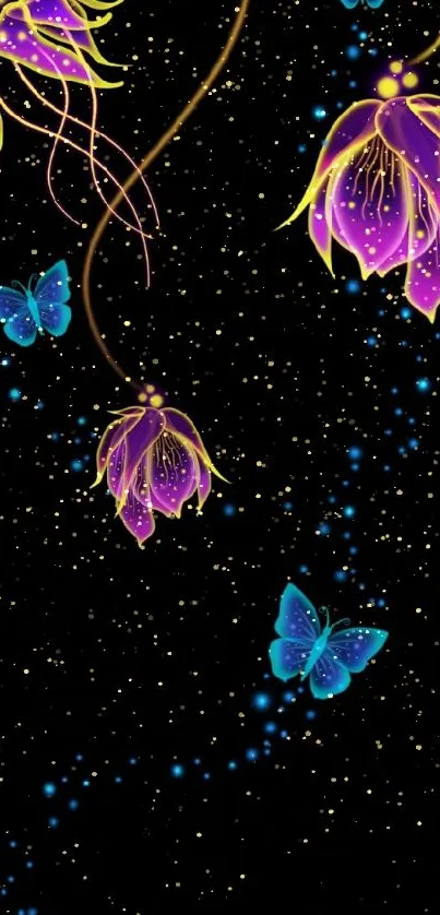 Neon flowers and butterflies on a dark background.