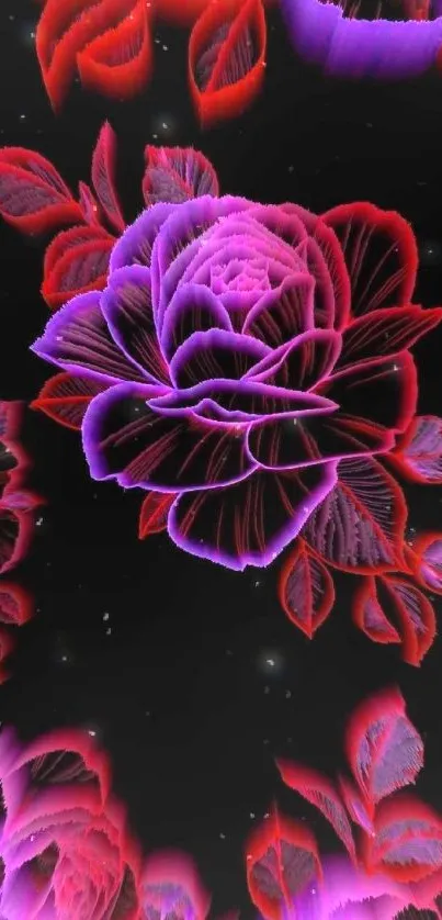 Neon floral mobile wallpaper with vibrant colors on a black background.