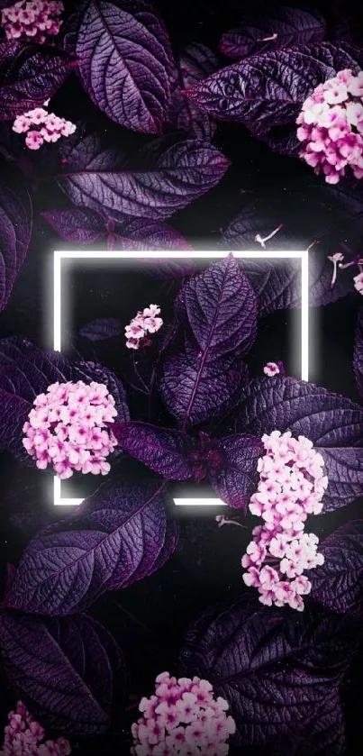 Dark purple floral wallpaper with neon accents.