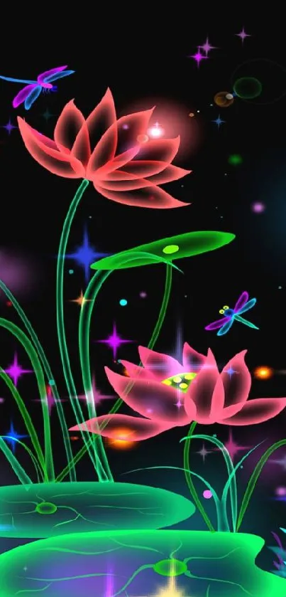 Neon flowers and dragonflies wallpaper, dark background.