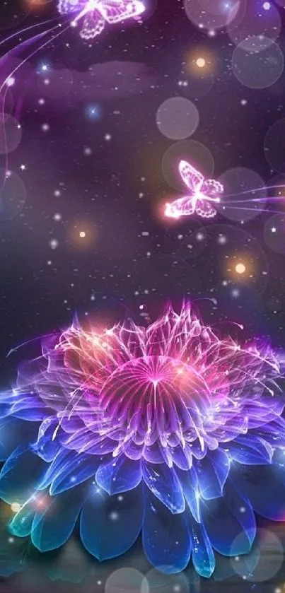 Neon flower and butterflies glowing in a fantasy night sky.