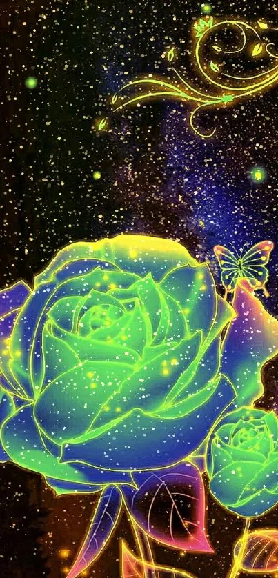 Neon floral galaxy wallpaper with glowing roses.