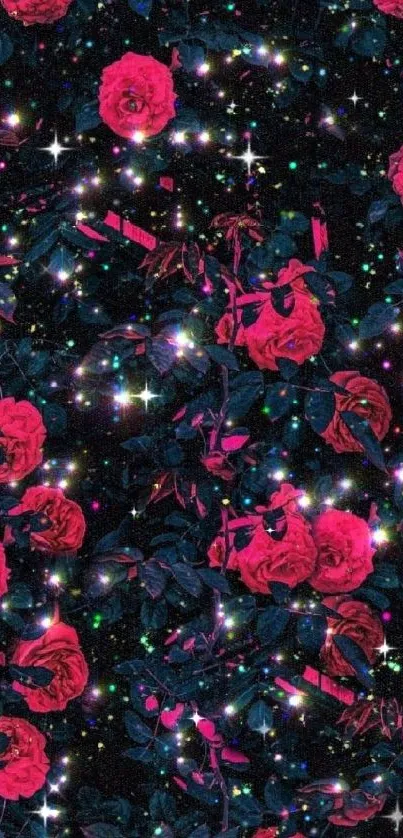 Neon roses and galaxy stars on a black background create a cosmic floral wallpaper.