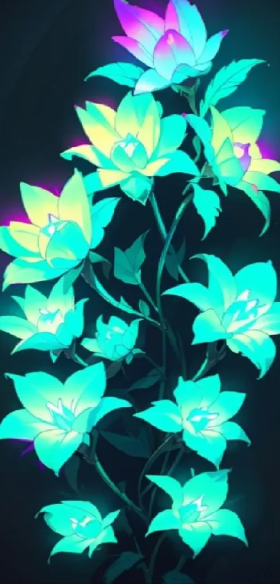 Neon floral wallpaper with vibrant blooms on a black background.