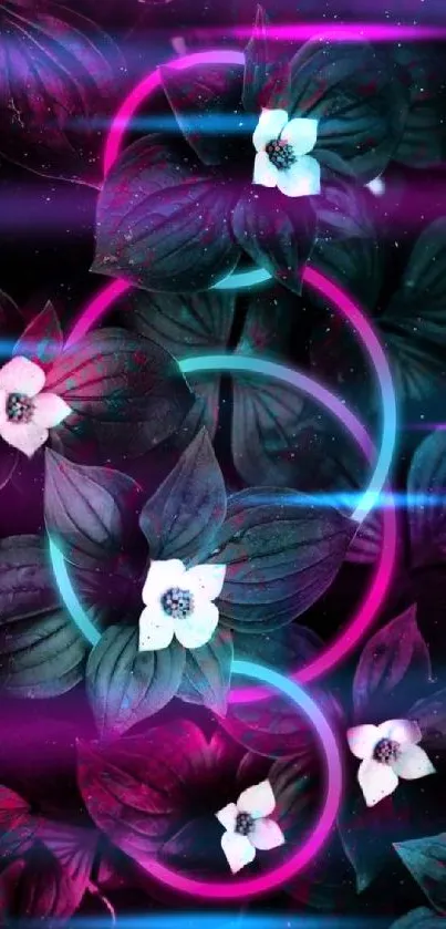 Neon floral wallpaper with glowing rings.