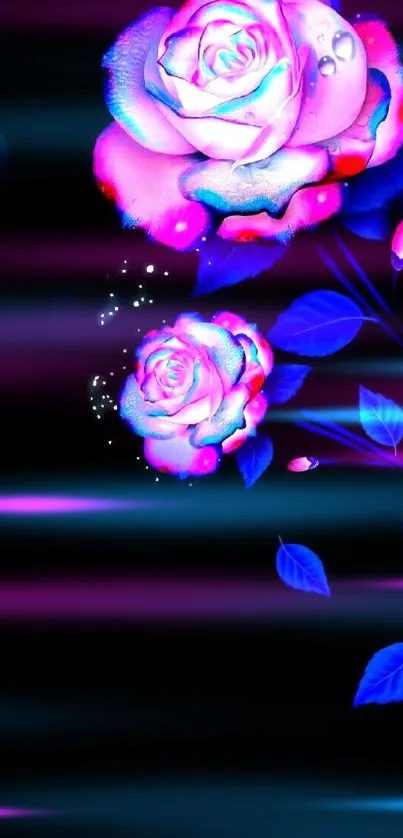 Neon pink roses with blue leaves on black background wallpaper.