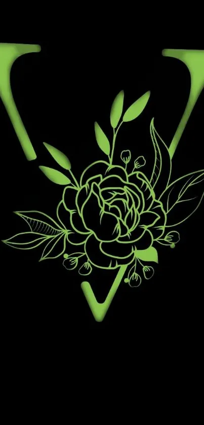 Neon green floral monogram on black wallpaper.