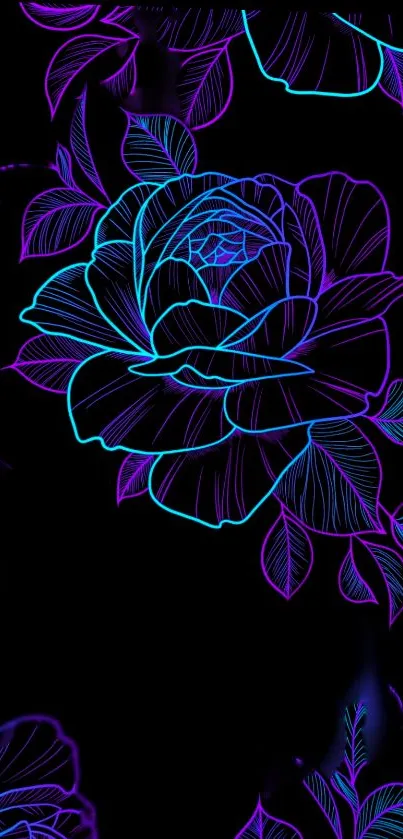 Neon floral wallpaper with blue and purple on a black background.