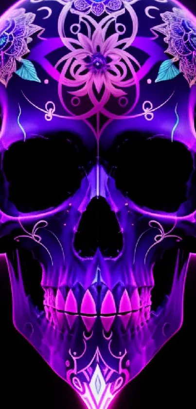 Neon floral skull wallpaper with vibrant purple glow.