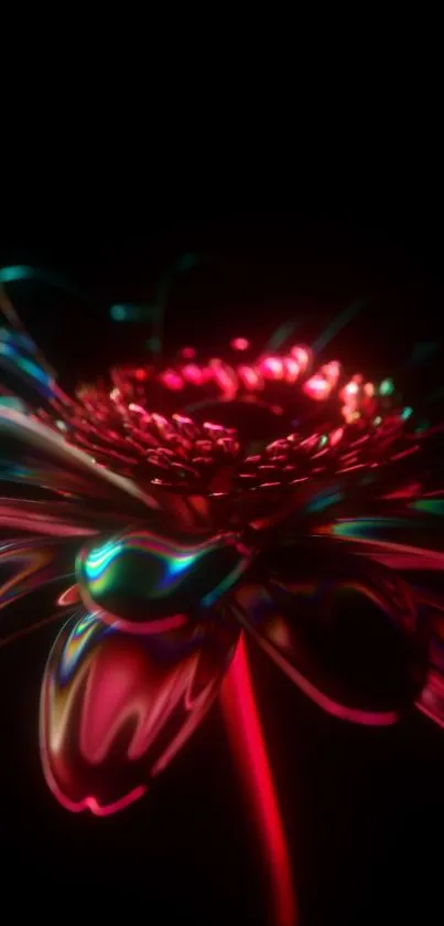 Vibrant neon flower digital art in red and green on a dark background.