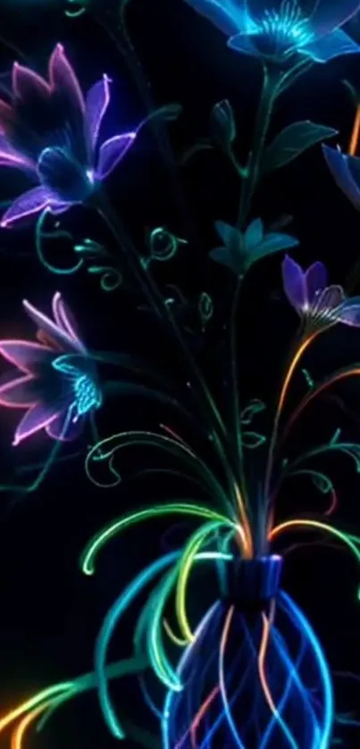Neon floral wallpaper with glowing colorful flowers in a dark setting.