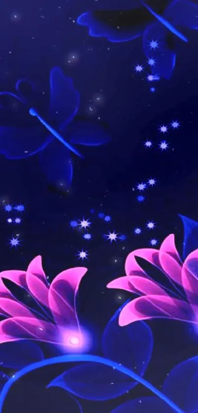 Neon flowers and butterflies on deep blue background.