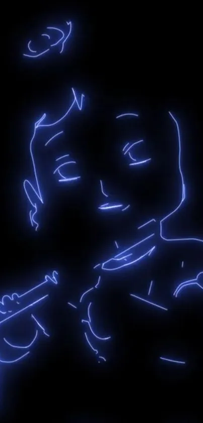 Neon blue flute player illustration on black background