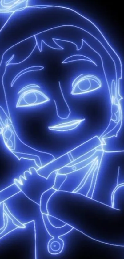 Neon blue outline of a flute player on dark background.