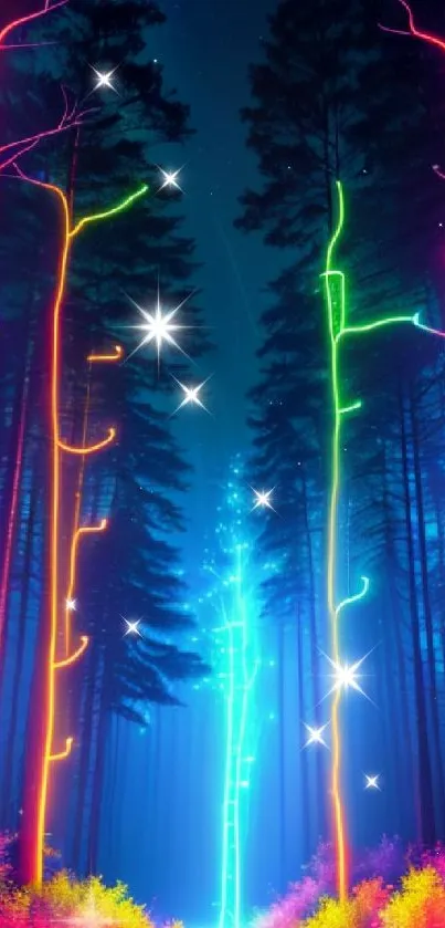 Colorful neon forest with glowing trees on a mobile wallpaper.