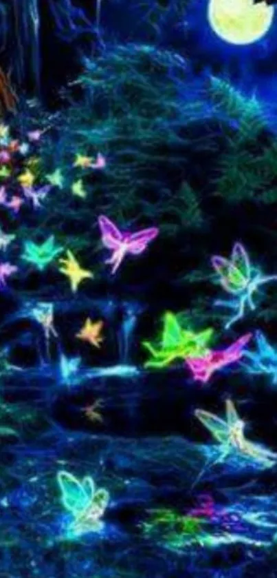 Neon forest with glowing fairies and butterflies under a moonlit sky.