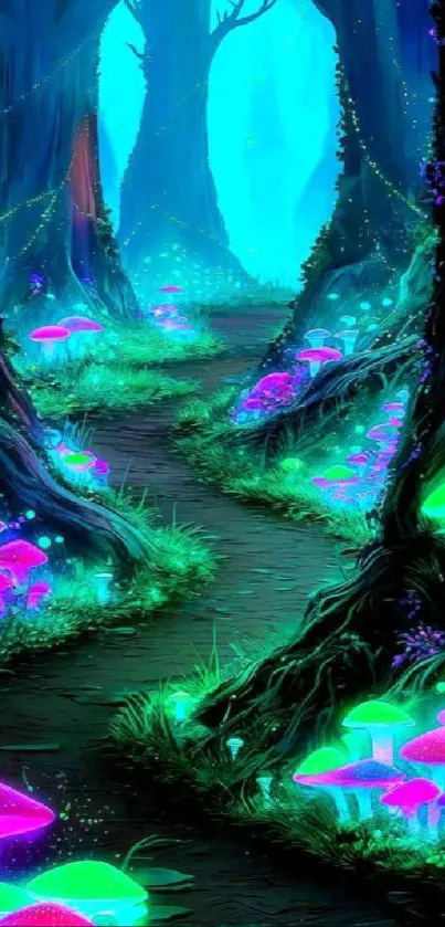 Magical neon forest with luminous mushrooms and enchanting trees.